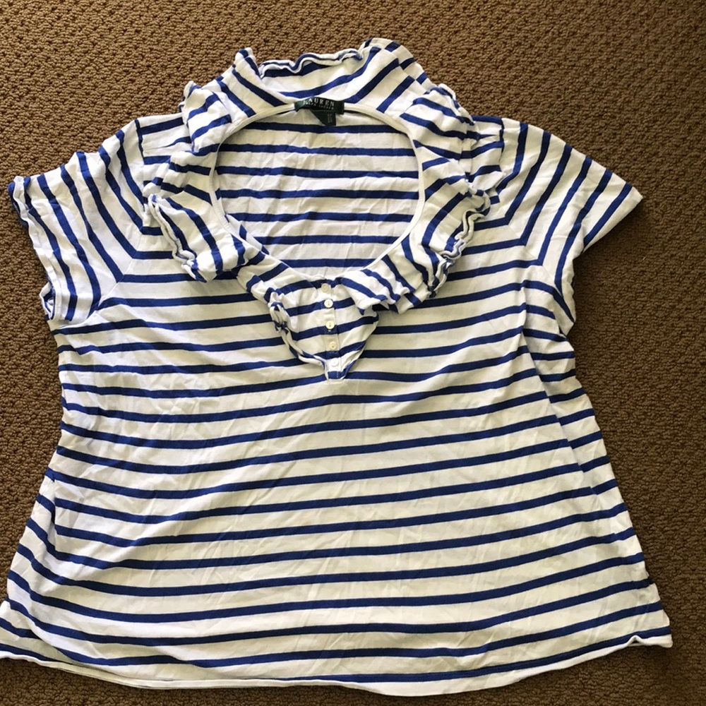 Blue striped Ralph Lauren top with ruffle neckline